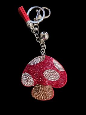 Red Crystal Mushroom Bag Charm Keychain with Tassel